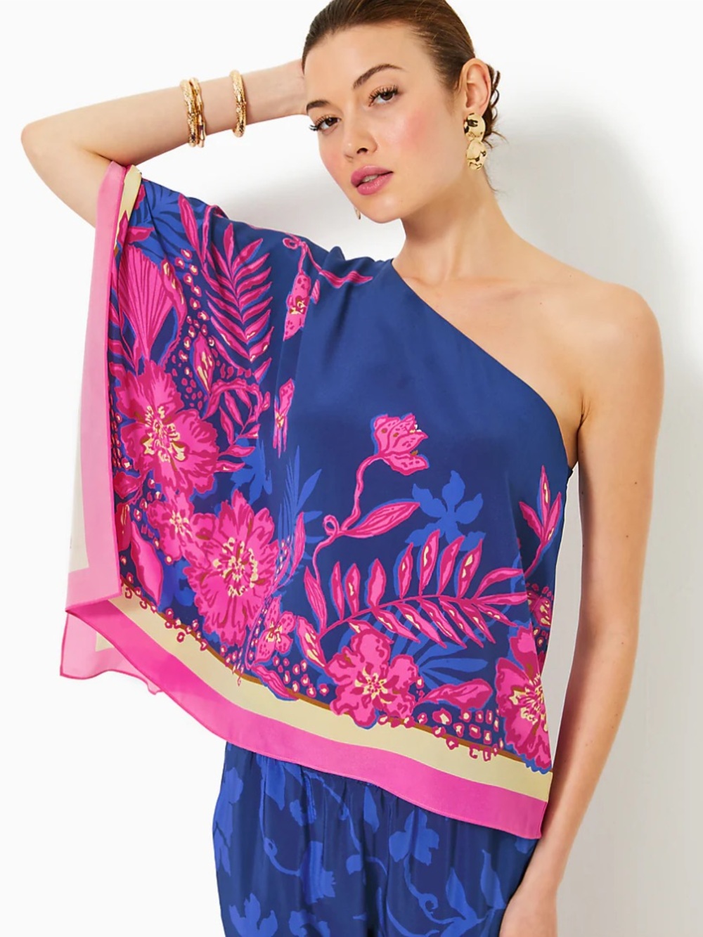 Lilly Pulitzer Schaffer Silk Top Blue One Shoulder Never Ending Summer New 16